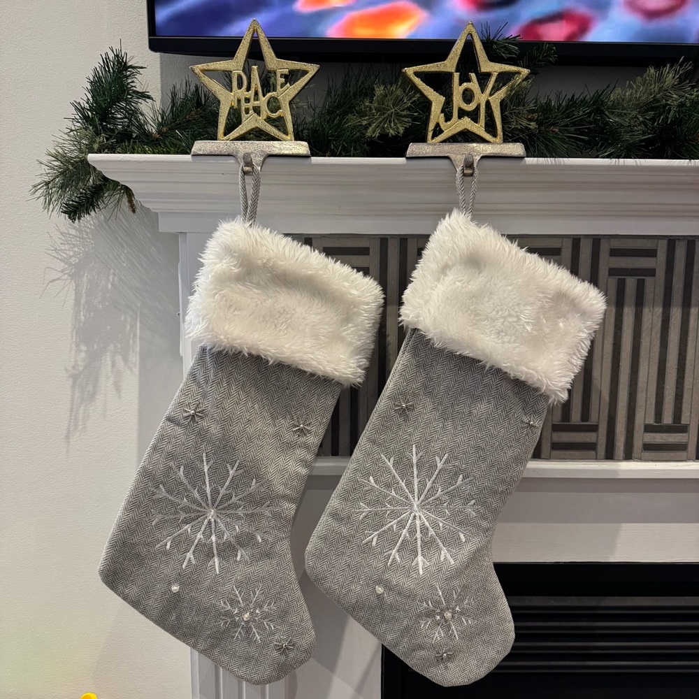 2 Christmas Stockings + 2 Stocking Holders